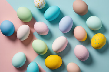Colourful Easter eggs on pastel background. Decoration concept for greetings and presents on Easter Day celebrate time - Generative AI