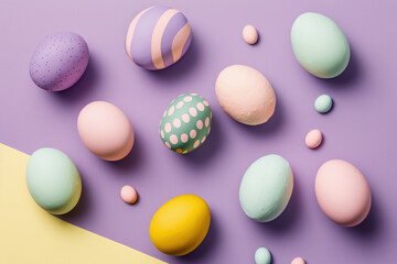 Fototapeta na wymiar Colourful Easter eggs on pastel background. Decoration concept for greetings and presents on Easter Day celebrate time - Generative AI