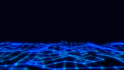 Blue wave with motion dots and lines. Abstract digital glitch background. Concept connection big data. Futuristic technology backdrop. 3D rendering.