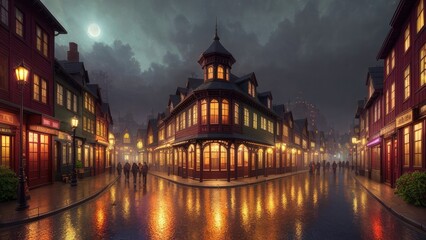 Naklejka premium An illustration of an evening European city, with wet streets and canals. With colorful patterns.