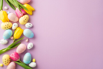 Fototapeta na wymiar Easter celebration concept. Top view photo of blue yellow pink easter eggs spring flowers yellow and pink tulips on isolated pastel purple background with blank space