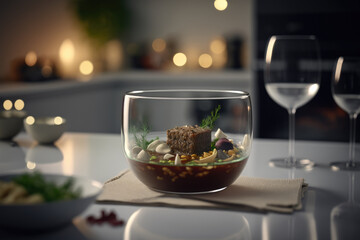 Beef soup in a glass bowl on a large modern kitchen table