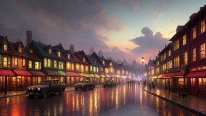 Fototapeta premium An illustration of an evening European city, with wet streets and canals. With colorful patterns.