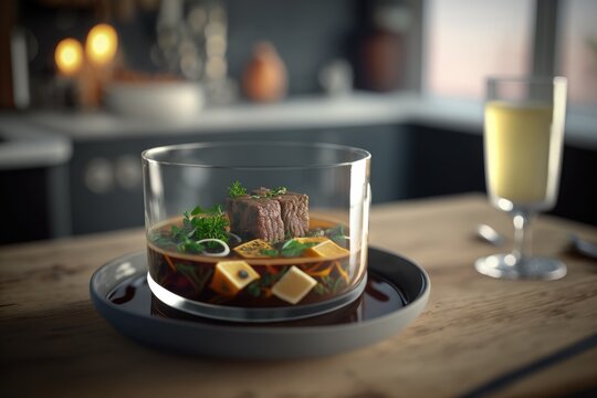 Beef soup in a glass bowl on a large modern kitchen table