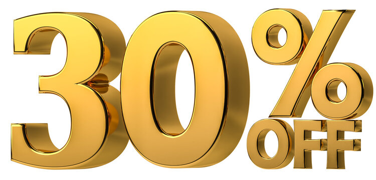 3d golden 30% off discount isolated on transparent background for sale promotion. Number with percent sign. Include png format