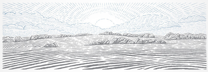 Rural landscape with sun and hills, drawn in graphical style and  monochrome colors. Vector illustration.