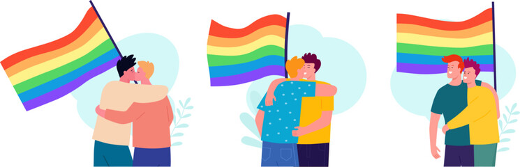 LGBTQ PRIDE month banner. gay couple hugs with a flag. ith diverse people supporting LGBT plus rights and movements. Vector cartoon illustration