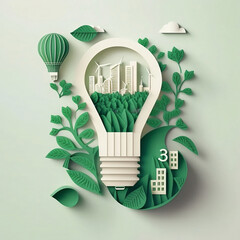 Paper cutout of a light bulb with a green eco city inside. Renewable energy. Carbon neutral energy or CO2 greenhouse gas emission. Energy saving concept. Generative Ai - obrazy, fototapety, plakaty