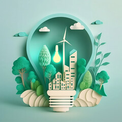 Paper cutout of a light bulb with a green eco city inside. Renewable energy. Carbon neutral energy or CO2 greenhouse gas emission. Energy saving concept. Generative Ai