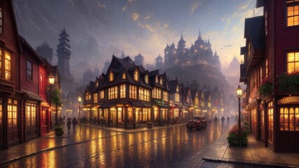 Naklejka premium An illustration of an evening European city, with wet streets and canals. With colorful patterns.