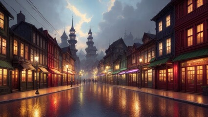 Naklejka premium An illustration of an evening European city, with wet streets and canals. With colorful patterns.