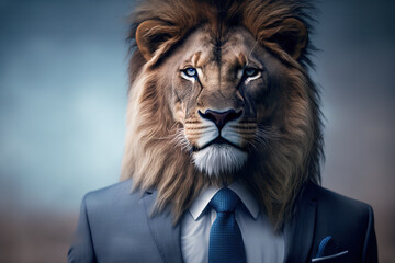 Business portrait male lion in business suit against the background of buildings in the bokeh, the energy of a leader and leader, strength and confidence, the animal. Generative AI