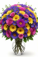 Beautiful bouquet of flowers on bright background, сhrysanthemums and roses in a vase, Generative AI Art Illustration 04