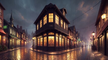 Naklejka premium An illustration of an evening European city, with wet streets and canals. With colorful patterns.