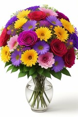 Beautiful bouquet of flowers on bright background, сhrysanthemums and roses in a vase, Generative AI Art Illustration 01