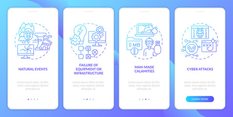 What is disaster blue gradient onboarding mobile app screen. Failures walkthrough 4 steps graphic instructions with linear concepts. UI, UX, GUI template. Myriad Pro-Bold, Regular fonts used