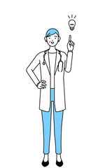 アイデアを思いついた聴診器をかけた白衣の女性医師、シニア・中高年のベテラン医師