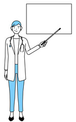 ホワイトボードを指示棒で指す聴診器をかけた白衣の女性医師、シニア・中高年のベテラン医師