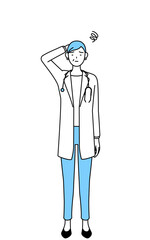 困って頭をかく聴診器をかけた白衣の女性医師、シニア・中高年のベテラン医師