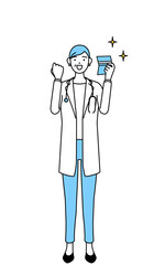 預金通帳を見て喜ぶ聴診器をかけた白衣の女性医師、シニア・中高年のベテラン医師