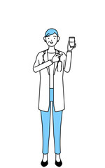 スマホのキャッシュレス・オンライン決済を勧める聴診器をかけた白衣の女性医師、シニア・中高年のベテラン医師