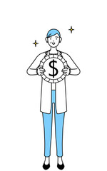 為替差益やドル高のイメージ、聴診器をかけた白衣の女性医師、シニア・中高年のベテラン医師