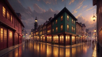 Obraz premium An illustration of an evening European city, with wet streets and canals. With colorful patterns.