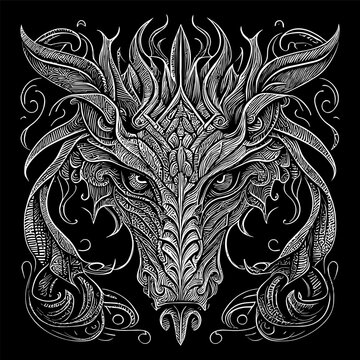 dragon head illustration is a striking depiction of this mythical creature, captures the power and mystery of the dragon, a symbol of strength and majesty