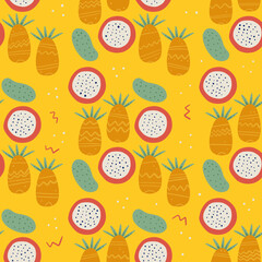 Seamless Pattern. Tropical Motive with fruits as Pineapple, Opuntioa and Dragon Fruit. Yellow Variante.