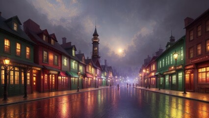 Fototapeta premium An illustration of an evening European city, with wet streets and canals. With colorful patterns.