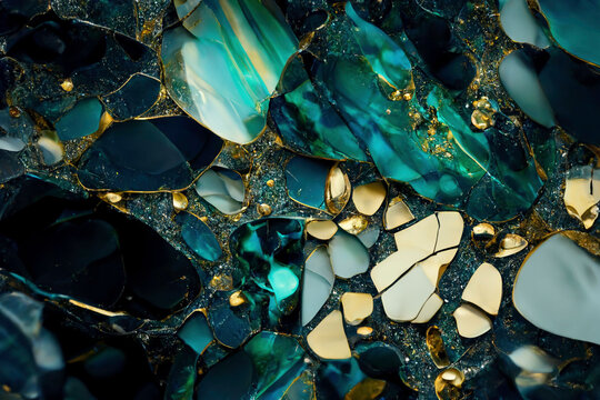 Marble turquoise pieces with gold elements background  - Generative AI illustration