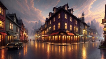 Fototapeta premium An illustration of an evening European city, with wet streets and canals. With colorful patterns.