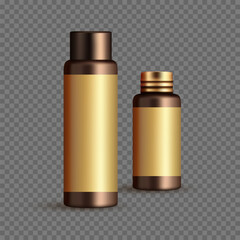 Package for luxury cosmetic product. Empty blank template of bottles for perfume, lotion, shampoo. Containers with gold cap. Realistic vector illustration.