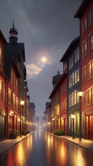 Fototapeta premium An illustration of an evening European city, with wet streets and canals. With colorful patterns.