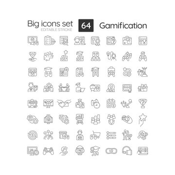 Gamification linear icons set. Improve users motivation via game playing. Digital technology. Customizable thin line symbols. Isolated vector outline illustrations. Editable stroke
