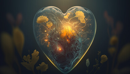 Glass heart with illuminated flowers within. Generative Ai.