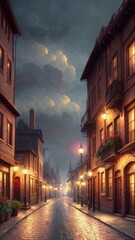 Obraz premium An illustration of an evening European city, with wet streets and canals. With colorful patterns.