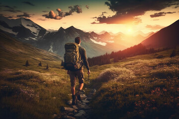 Fototapeta premium Generative AI Woman on trail admiring the sunset
