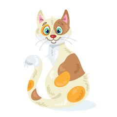 Cute white cat with spots and green eyes sits with its back and looks into the camera. In cartoon style. Isolated on white background. Vector flat illustration