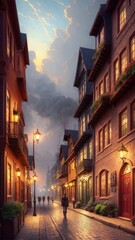 Naklejka premium An illustration of an evening European city, with wet streets and canals. With colorful patterns.