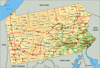 High detailed Pennsylvania physical map with labeling.