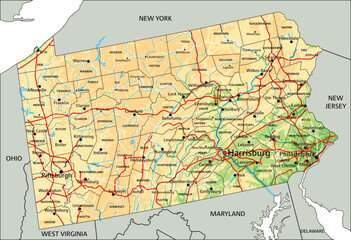 High detailed Pennsylvania physical map with labeling.