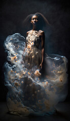 Ethereal portrait of a woman with energy and creativity pouring from her subconscious like an ethereal dress. Generative Ai