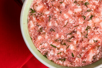 Borscht cooked with red beetroot with sour cream