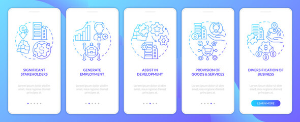 Private sector role blue gradient onboarding mobile app screen. Commerce walkthrough 5 steps graphic instructions with linear concepts. UI, UX, GUI template. Myriad Pro-Bold, Regular fonts used © IMG visuals icons