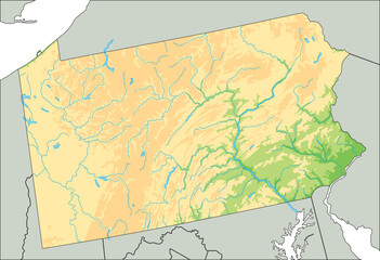 High detailed Pennsylvania physical map.