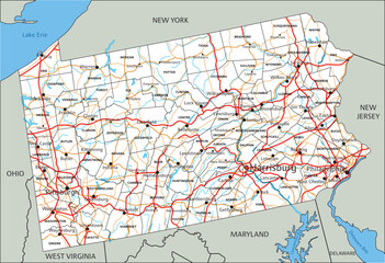 High detailed Pennsylvania road map with labeling.