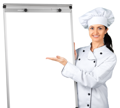 Young woman chef in white uniform presenting