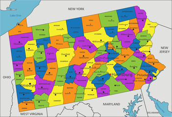 Colorful Pennsylvania political map with clearly labeled, separated layers. Vector illustration.