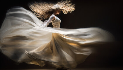 Ethereal woman dancing with flowing dress and dynamic flowing hair.  Generative Ai.  
